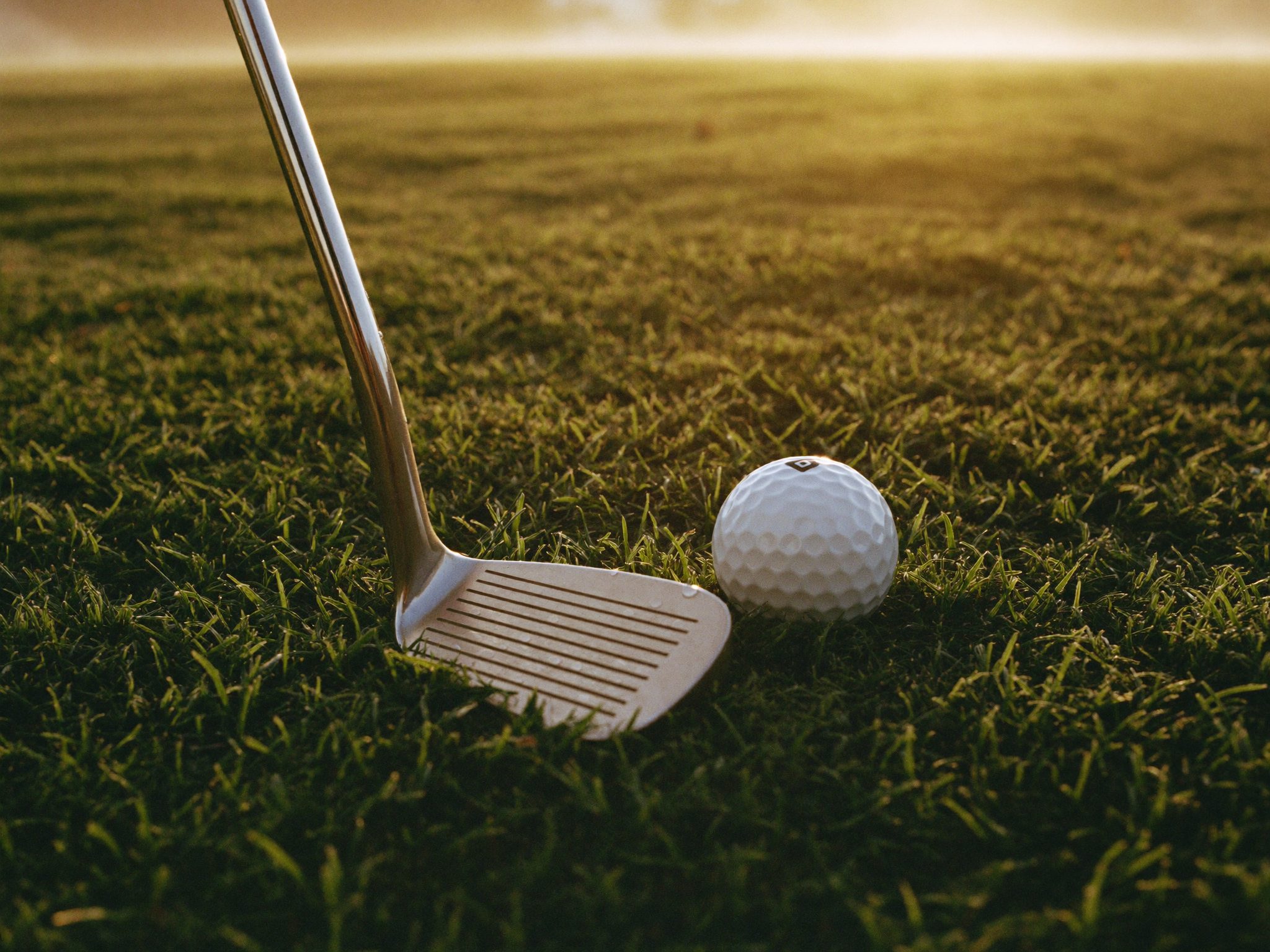 Een ijzer achter een golfbal in het gras, in laag ochtendlicht