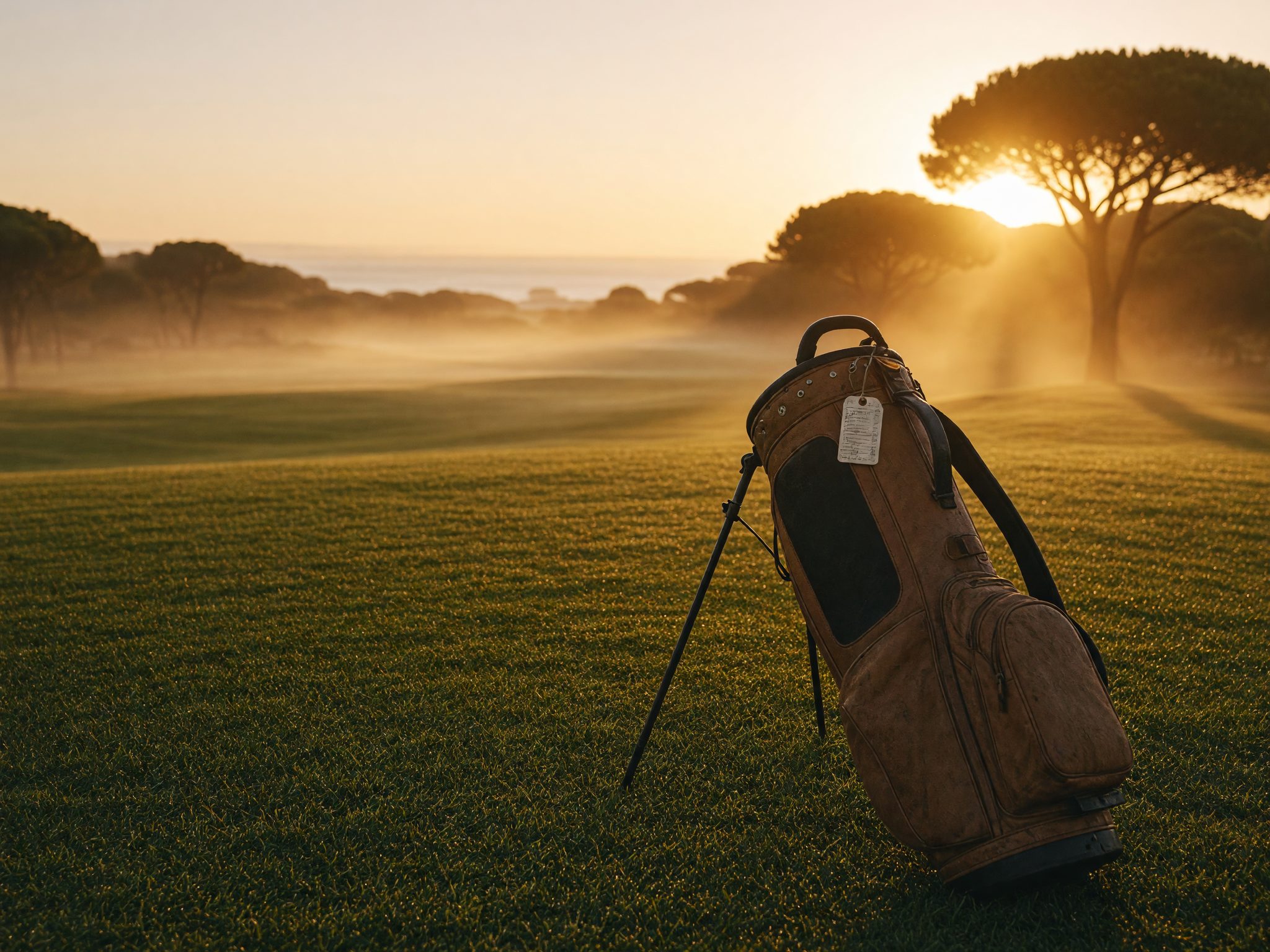 Een leren golftas met een bagagelabel op de fairway, in ochtendnevel tussen parasoldennen, de zee in de verte